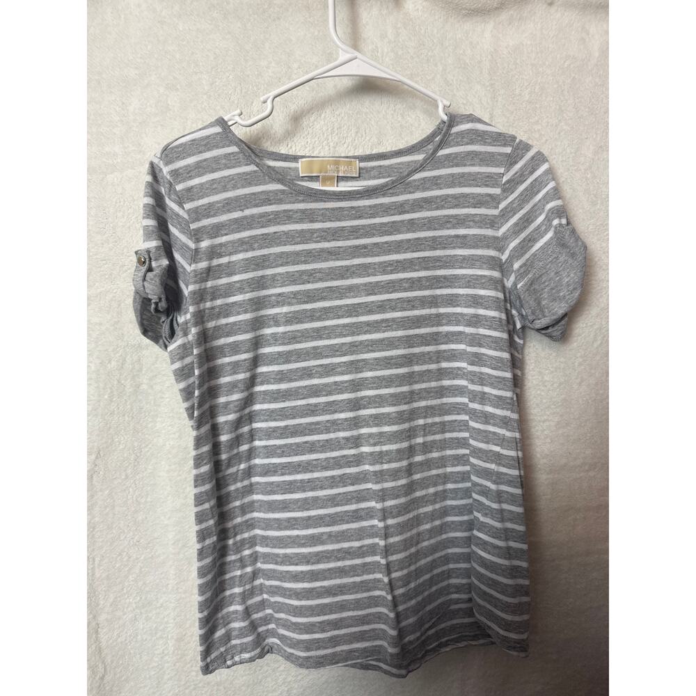 BN #13 Michael Kors Gray & White Striped Short Sleeve T-Shirt - Size M